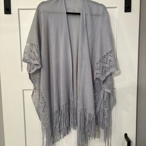 Izzy & Oliver BlueGray Fringe Open Front Poncho Cardigan Laser Cut One Size